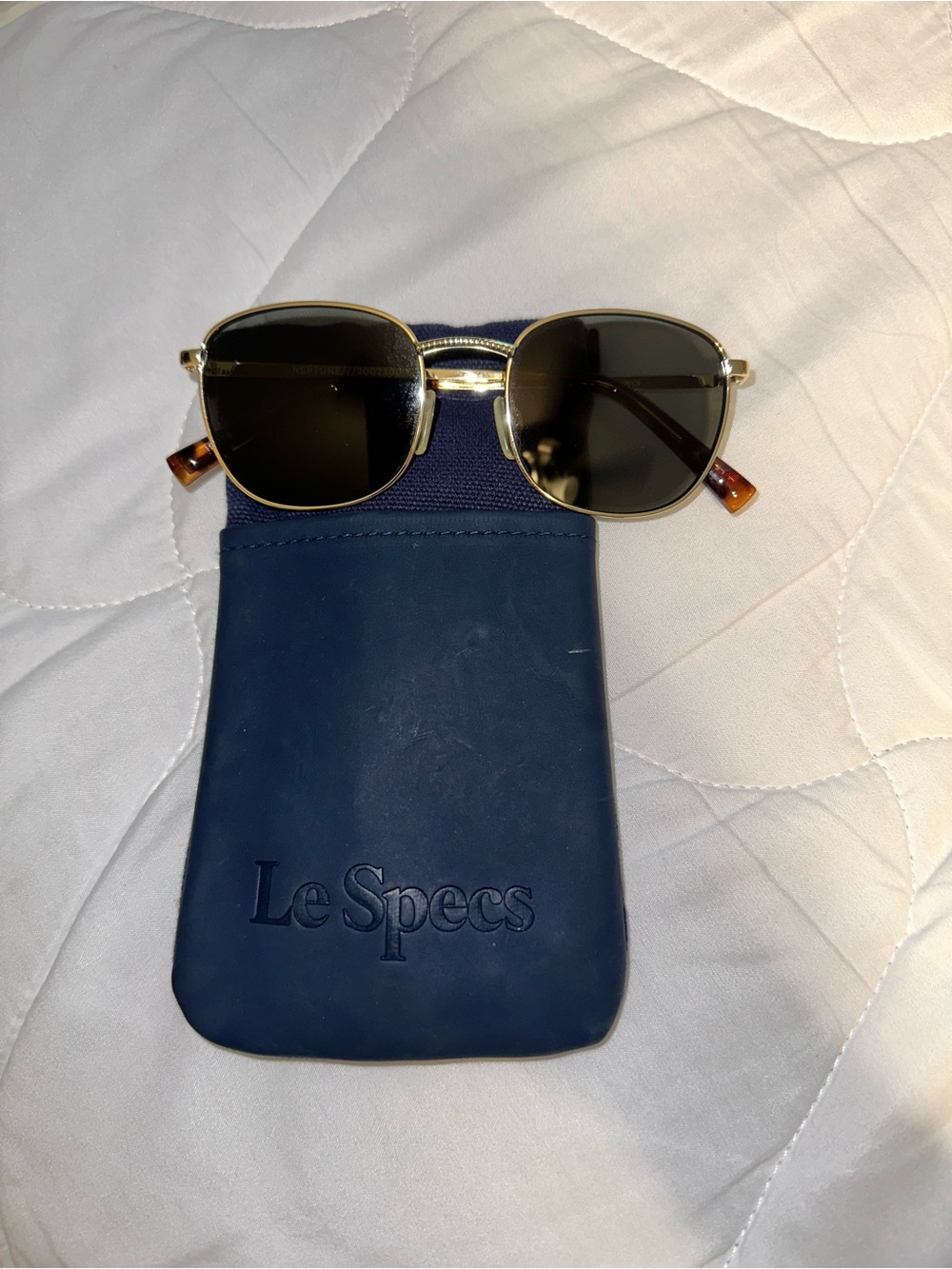 Le Specs Gold Frame Sunglasses with Black Lenses and Tortoise Tips